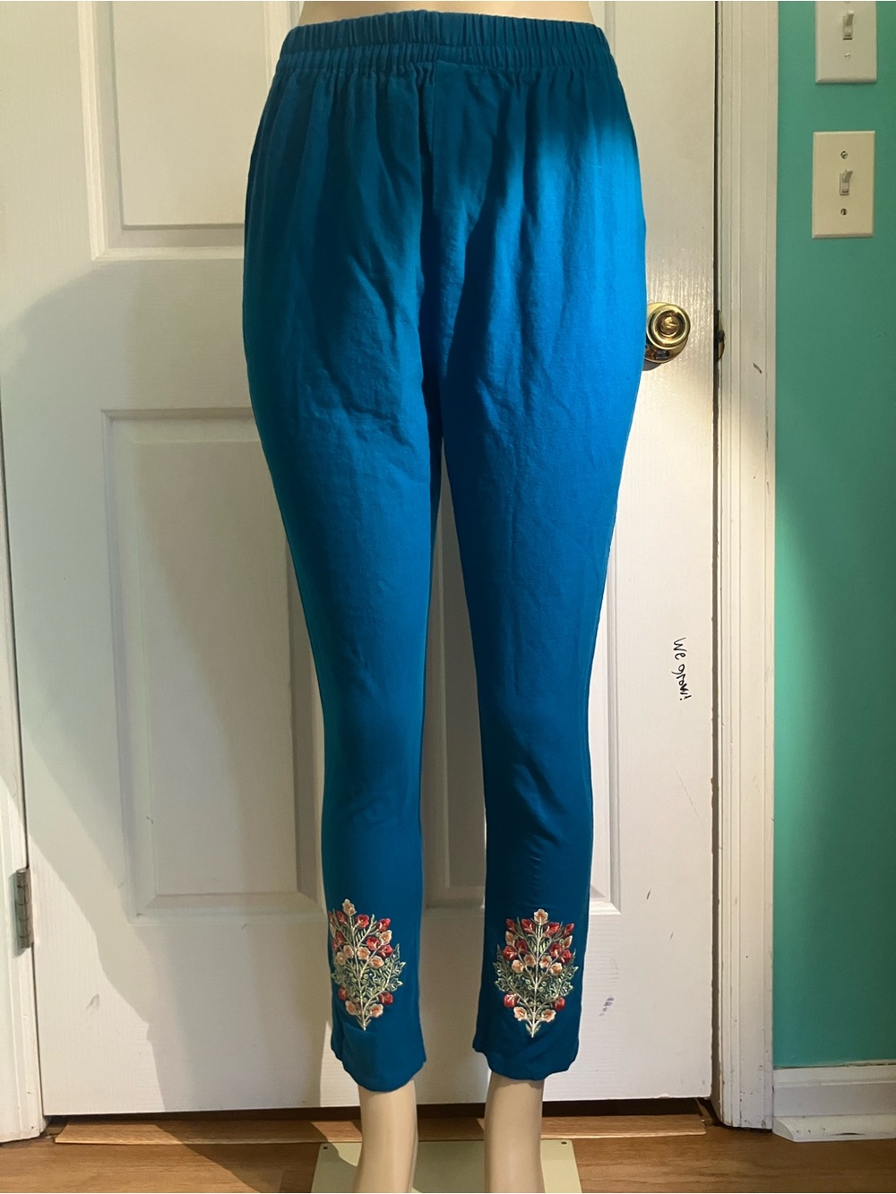 Teal Floral Embroidered Pants